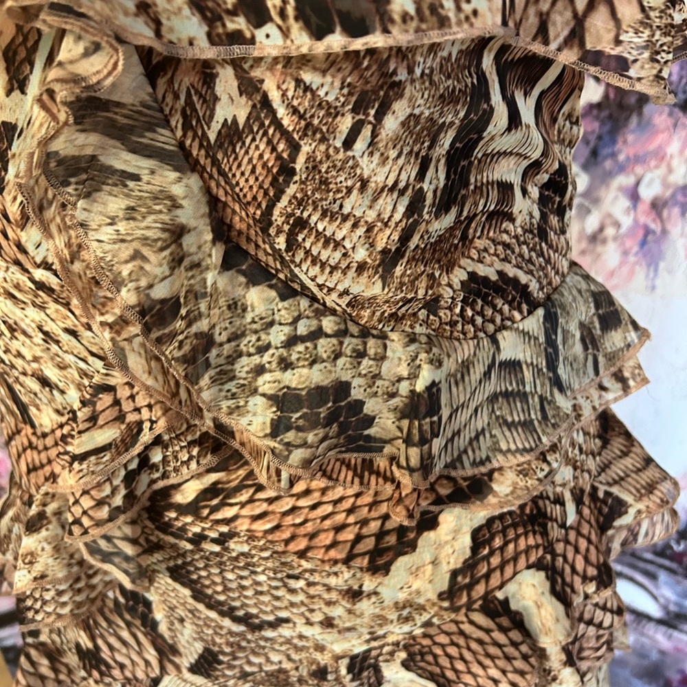 Boston Proper - High/Low Ruffled Snake Patterned Dress. Size 16. - Picture 2 of 5